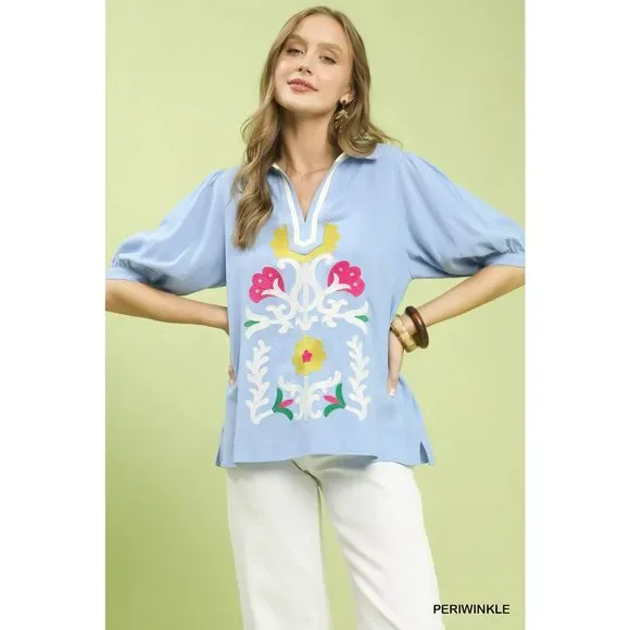 Umgee Mixed Media V-Neck Print Blouse - Picture 1 of 5